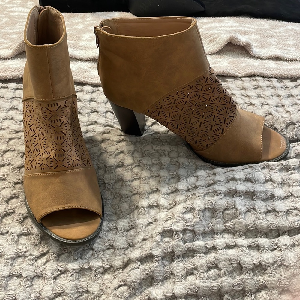 Brown peep toe bootie heels